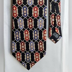 Graham & Lockwood London Tie, 100% Silk, Blues Reds on Black Art Deco Pattern
